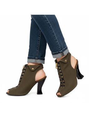 Women's Olive Leather Peep-Toe Heels with Gold Hardware